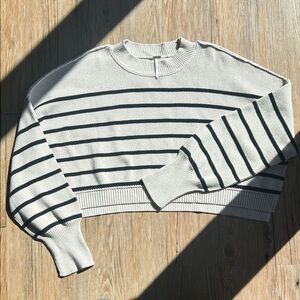 Free People Cream and Black Striped Crew Neck Cropped Sweater